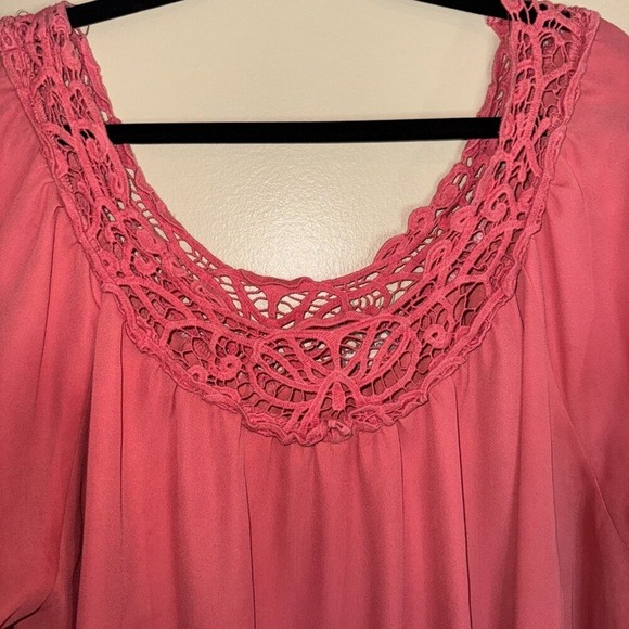 Crochet Neckline Pink Tunic Top Blouse Casual Summer Boho 3/4 Sleeve Womens - Picture 5 of 7